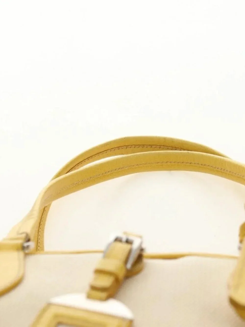 PRADA Hand Bag Canvas Leather Beige Yellow Silver Auth